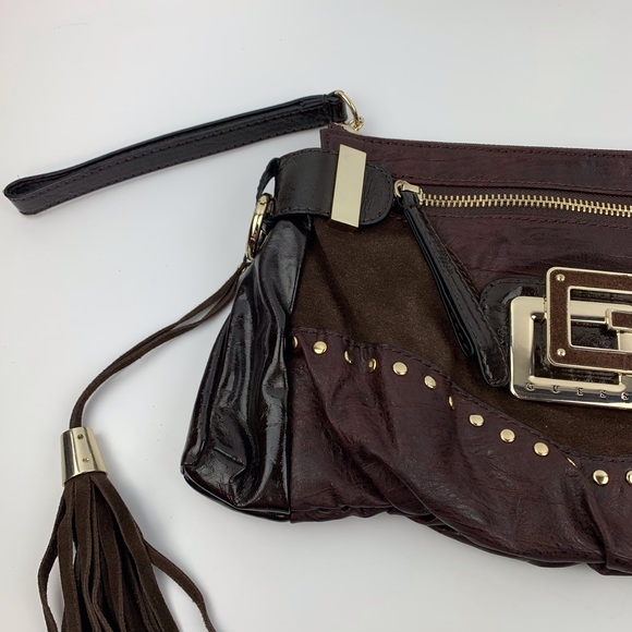 GUESS Brown Vegan Leather Clutch Wristlet Fringe - Picture 4 of 8